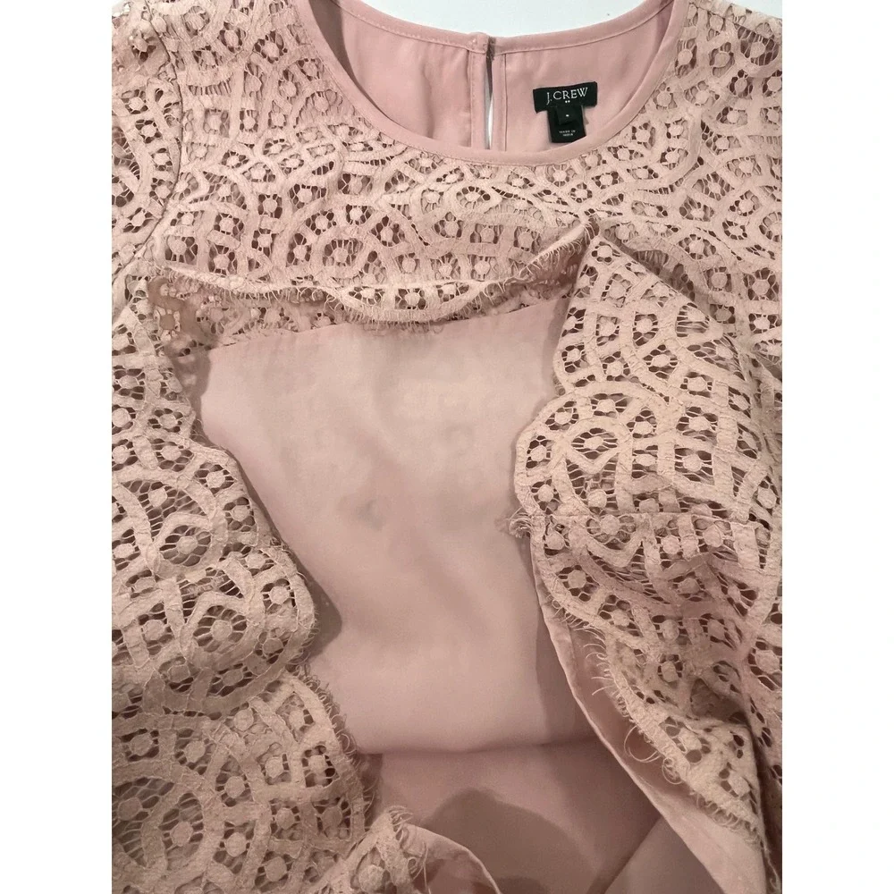 J Crew Women Lace Top 3/4 Sleeve Button Back Sheer Lined Boho Feminine Pink Sz 6